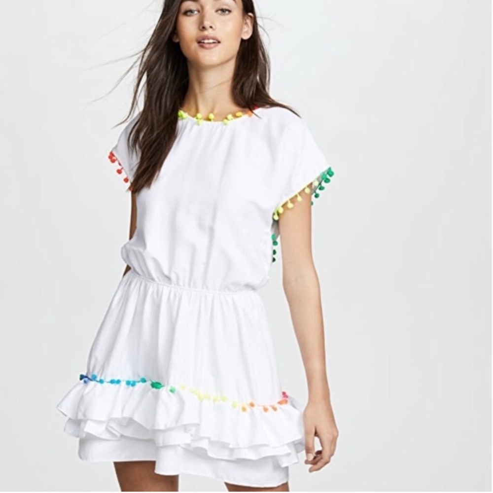 Peixoto White Rainbow Pom Pom Ruffle Open Back Mini Dress XS